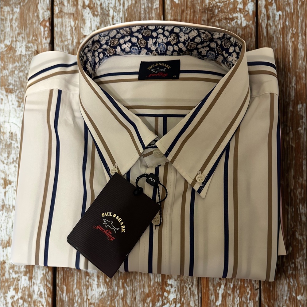 Paul & Shark Men's Striped Shirt, White, Cream and Navy Blue Short Sleeves